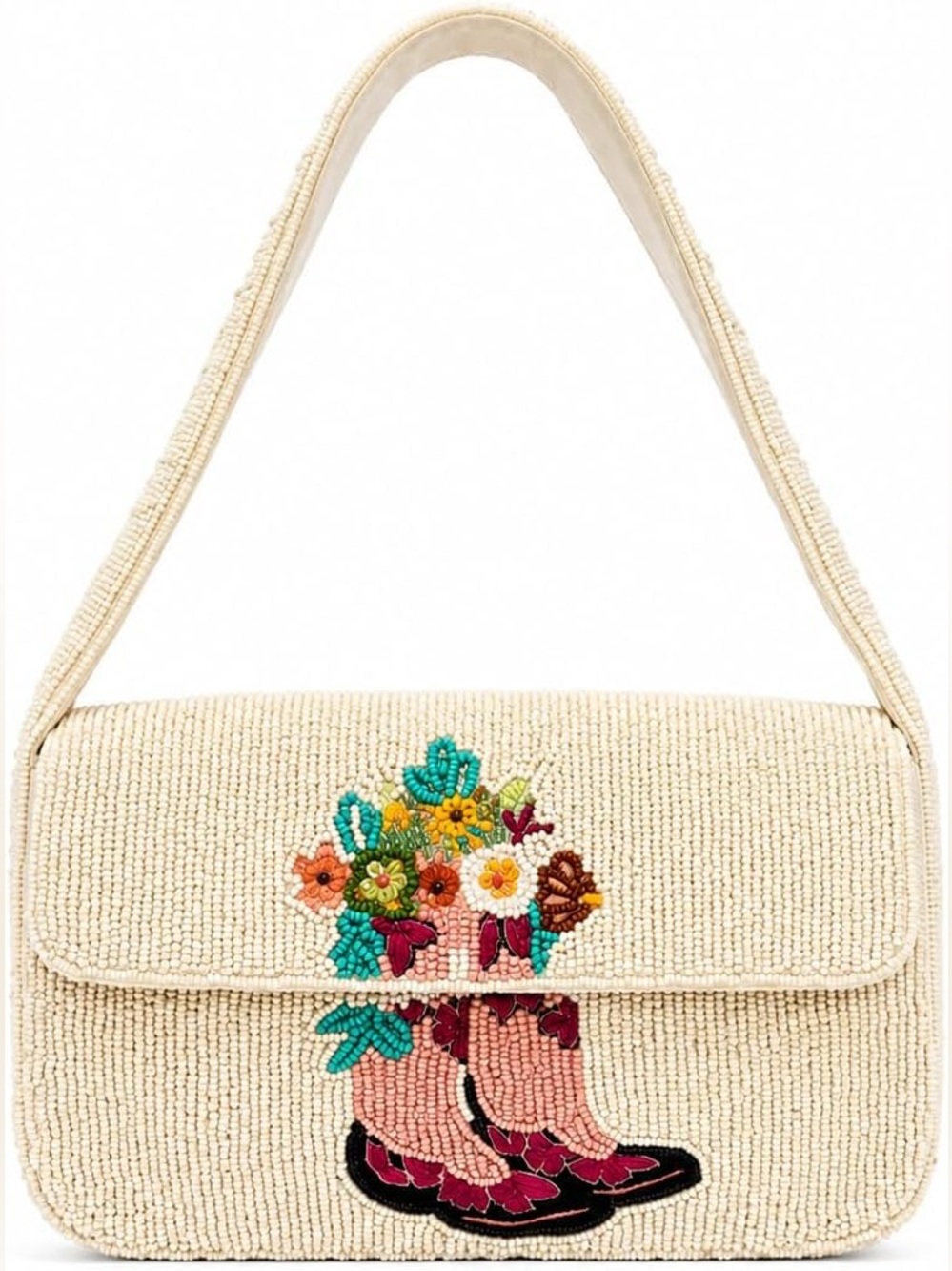 NWT Sol and Mer Ivory Beaded Floral Cowboy Boot Purse